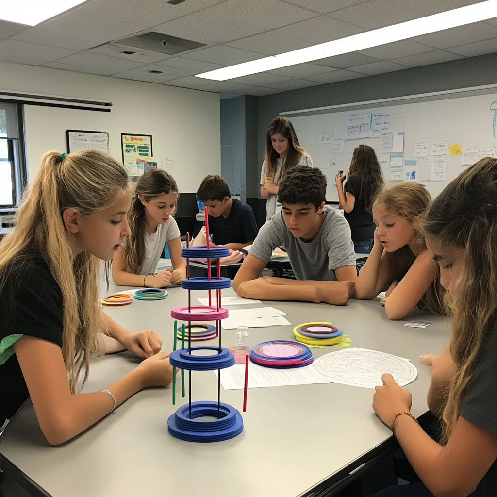 Students working together to solve a stacking challenge