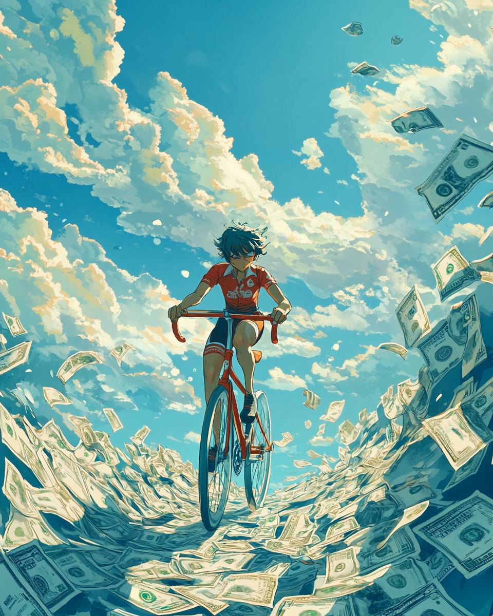 Studio Ghibli style animated film: bike rider, money road, London, sunny sky.