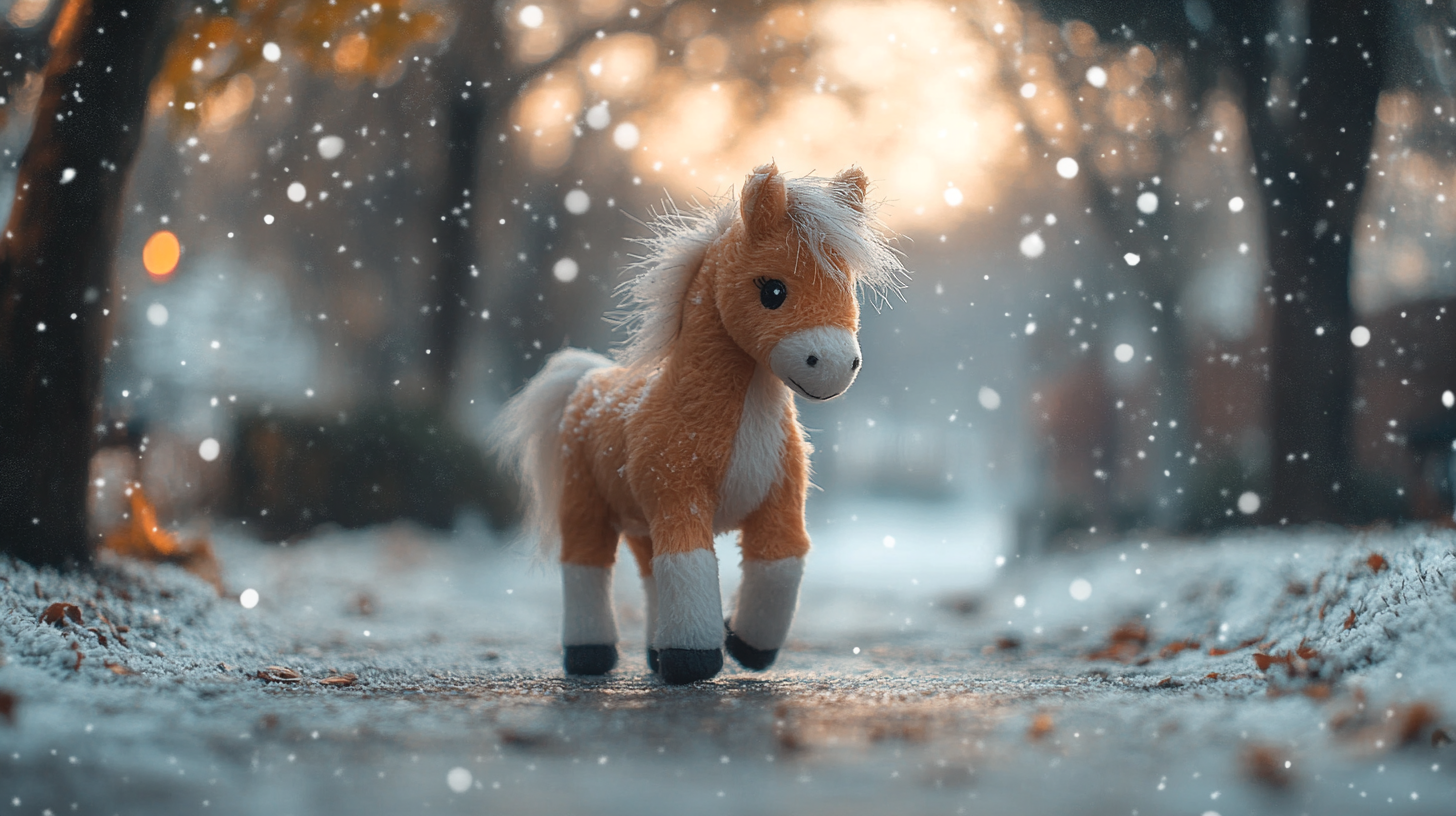 Stuffed Horse Toy Walking in Snowy Christmas Park