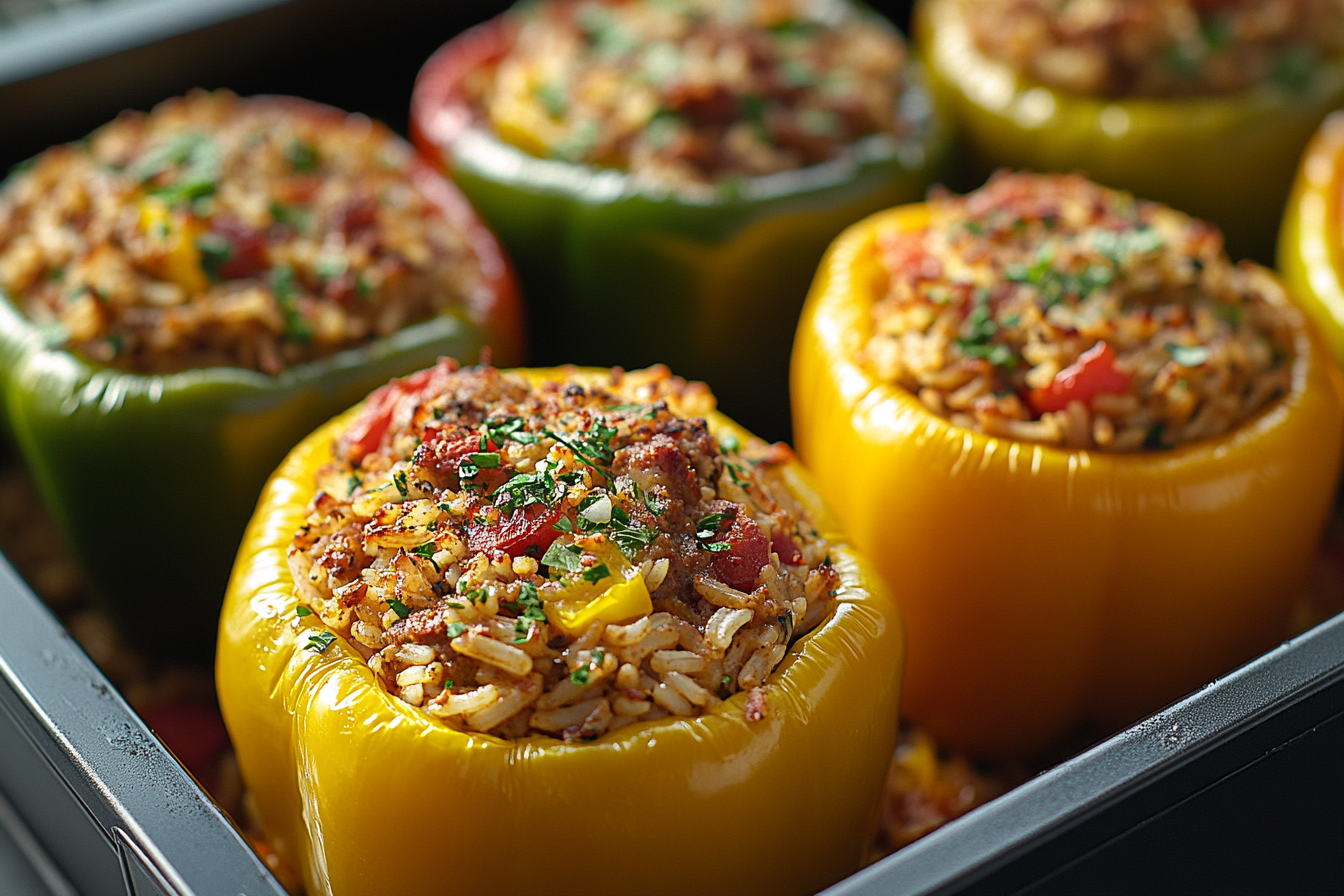 Stuffed Peppers close-up shot showing tempting ingredients.