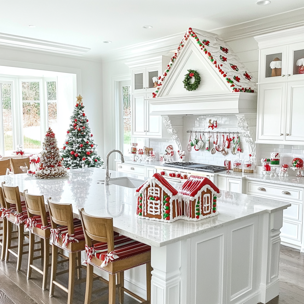 Stunning Christmas kitchen with gingerbread houses and decor.