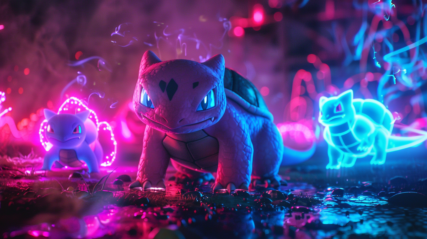 Stunning Neon Pokemon in Dreamy Landscape.