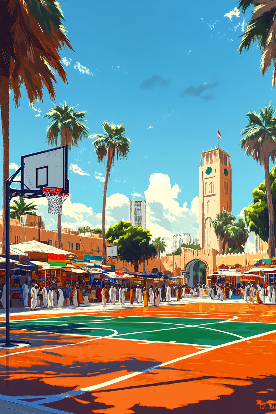 Stunning minimalist realism illustration of Kuwaiti basketball court.