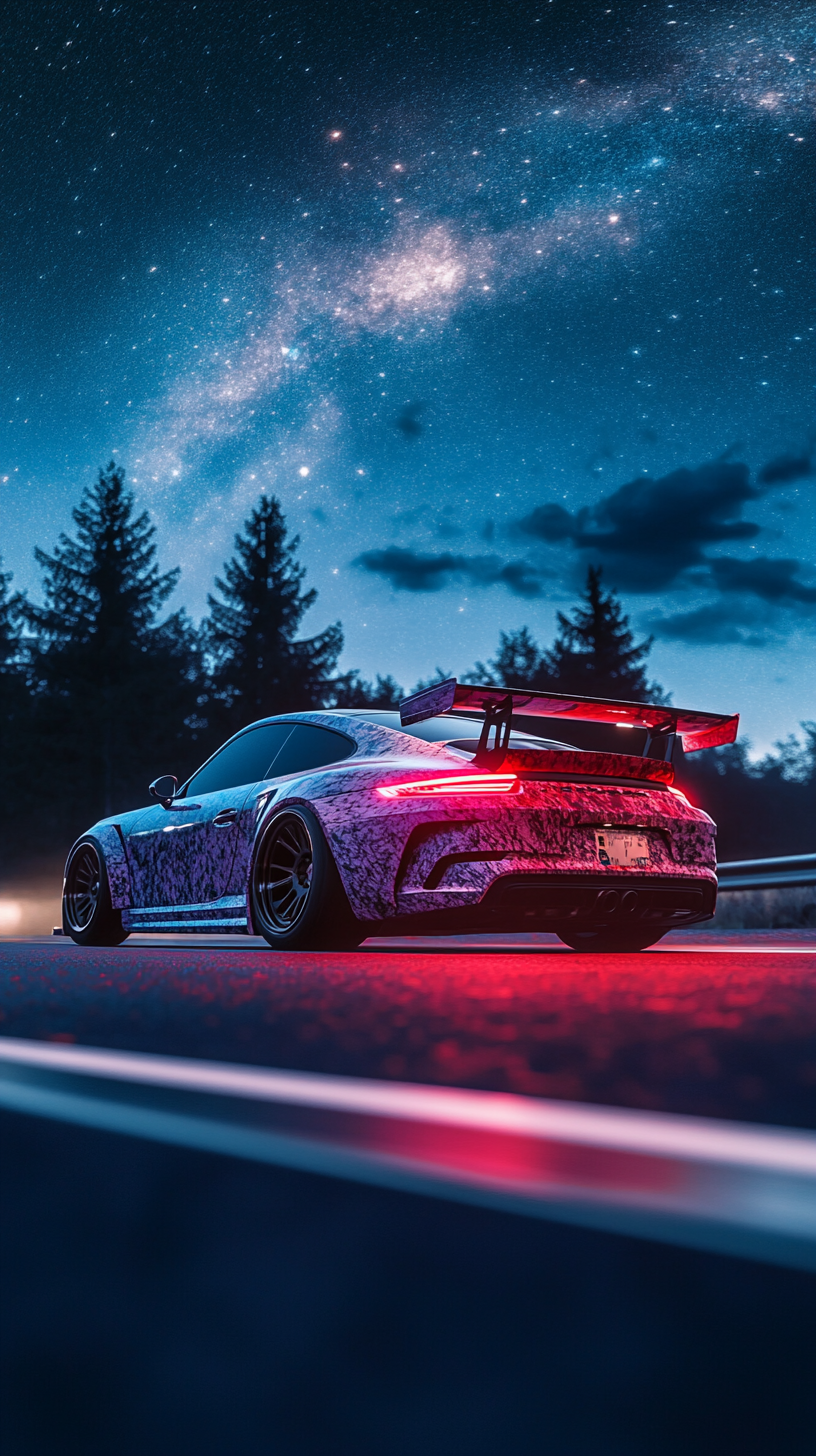 Stunning rear view wallpaper of wide body Porsche driving.