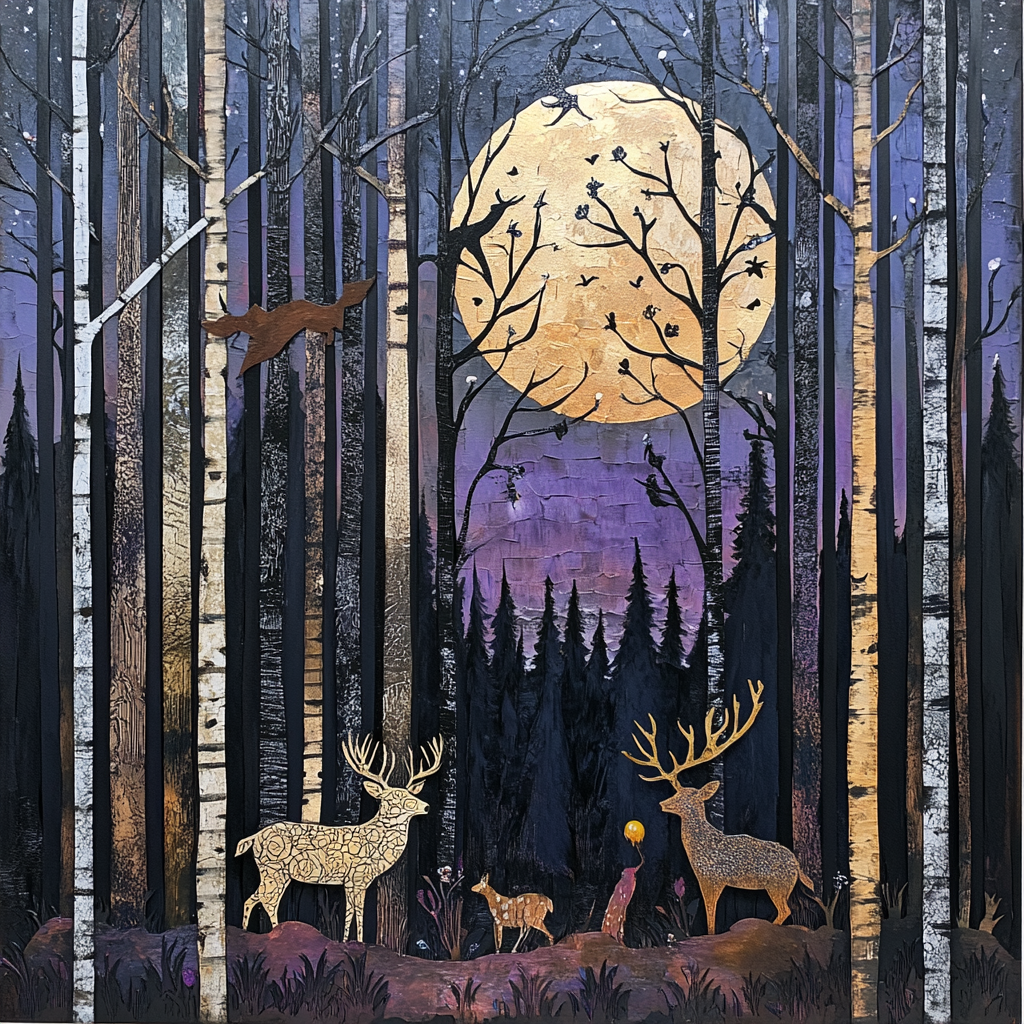 Stunning woodland scene with deer in moonlit forest.