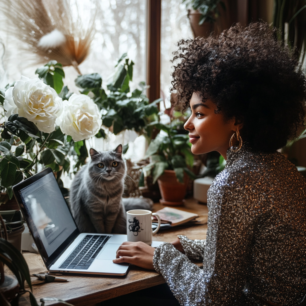 Stylish Black Woman in Home Office with Laptop and Cat 