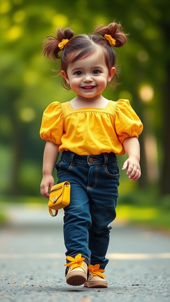 Stylish Child Walking in Park with Yellow Outfit