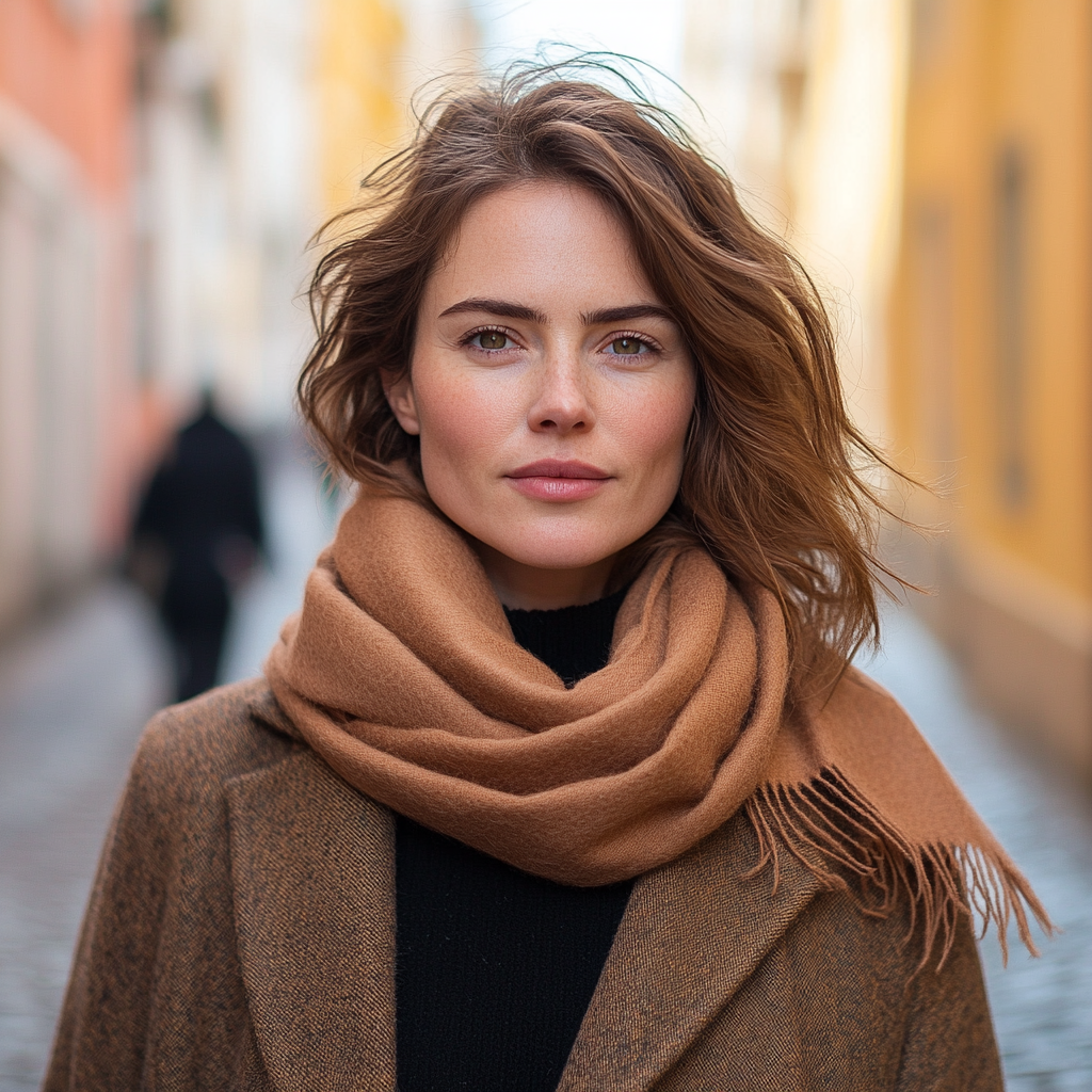 Stylish European Female Model in Rosewood Cashmere Scarf