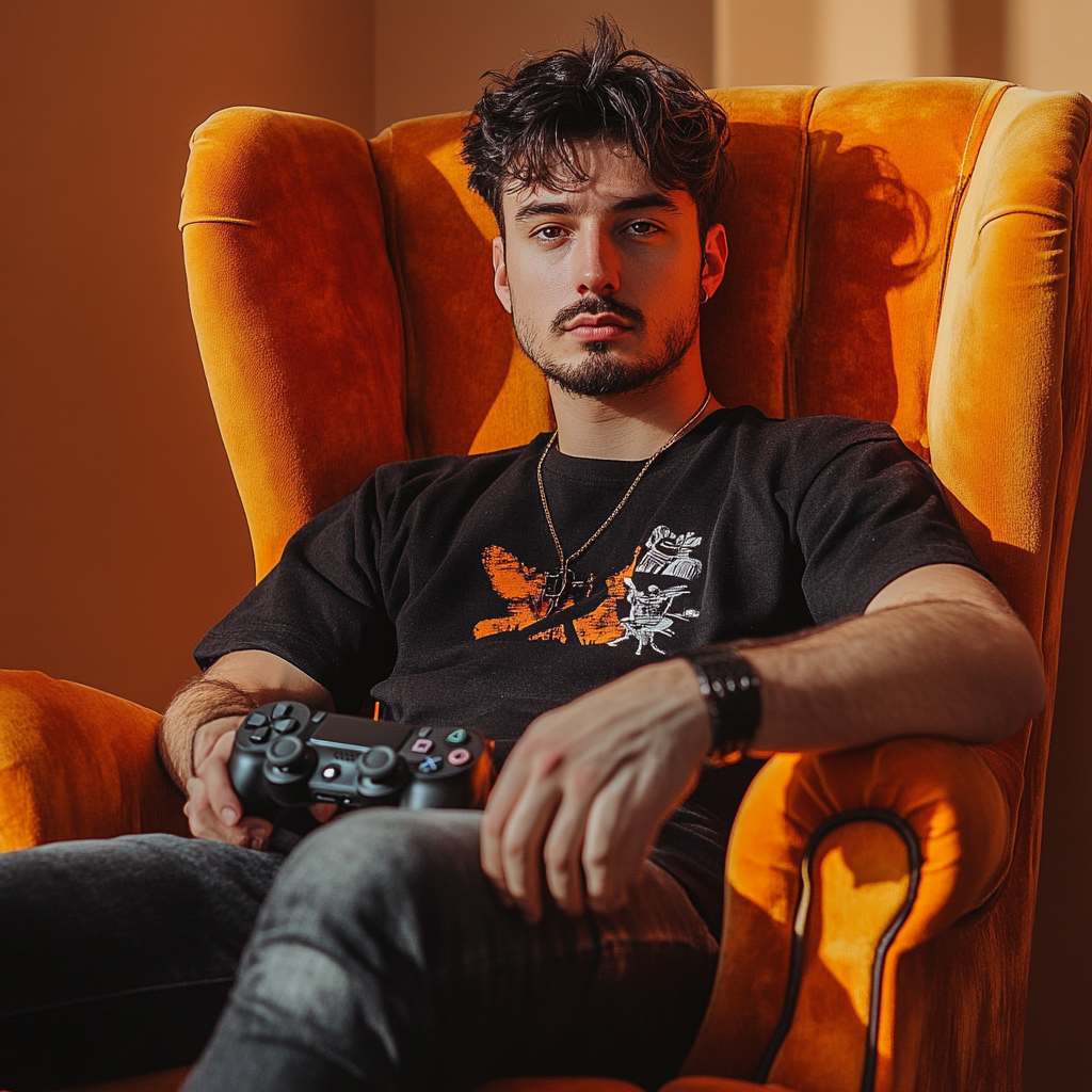 Stylish Gamer Man in Retro 60s Orange Armchair