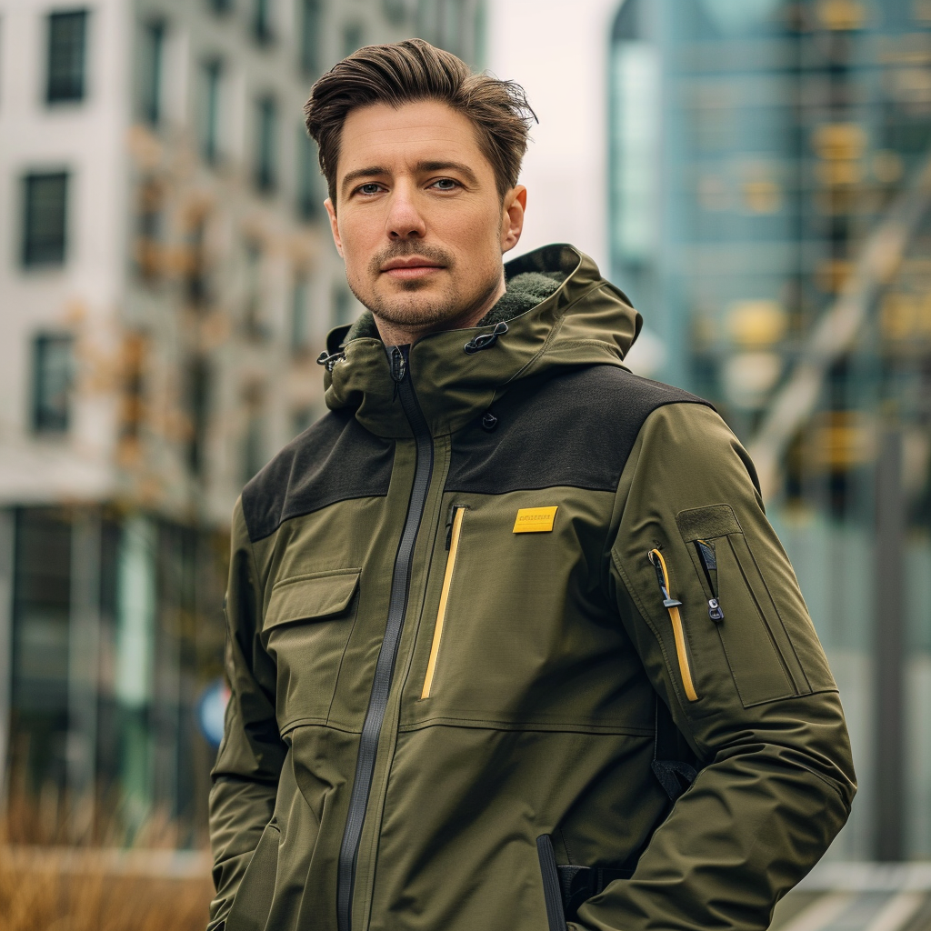 Stylish German man in urban setting with outdoor jacket.