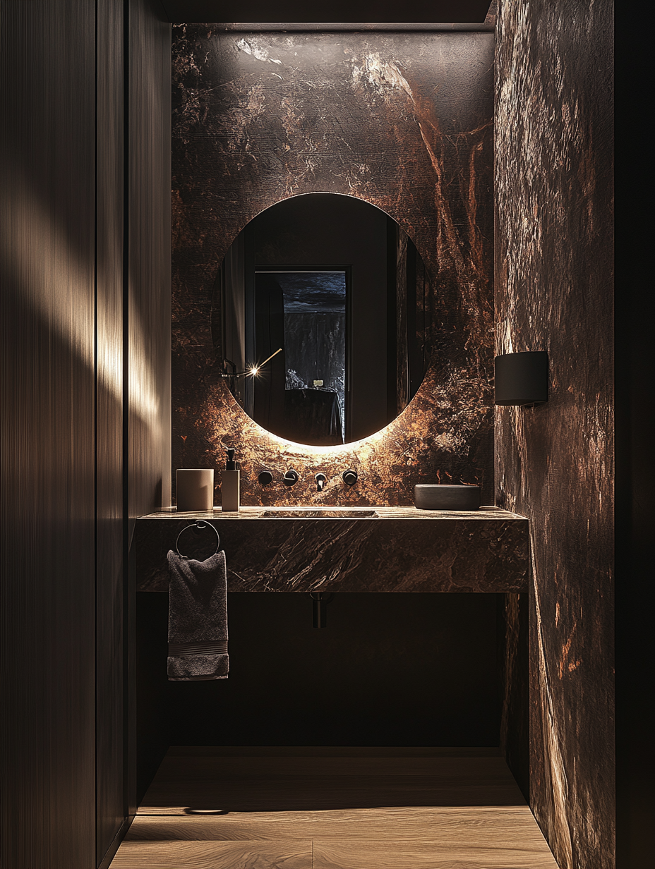 Stylish Guest WC Design with Dark Wallpaper and Marble Sink 