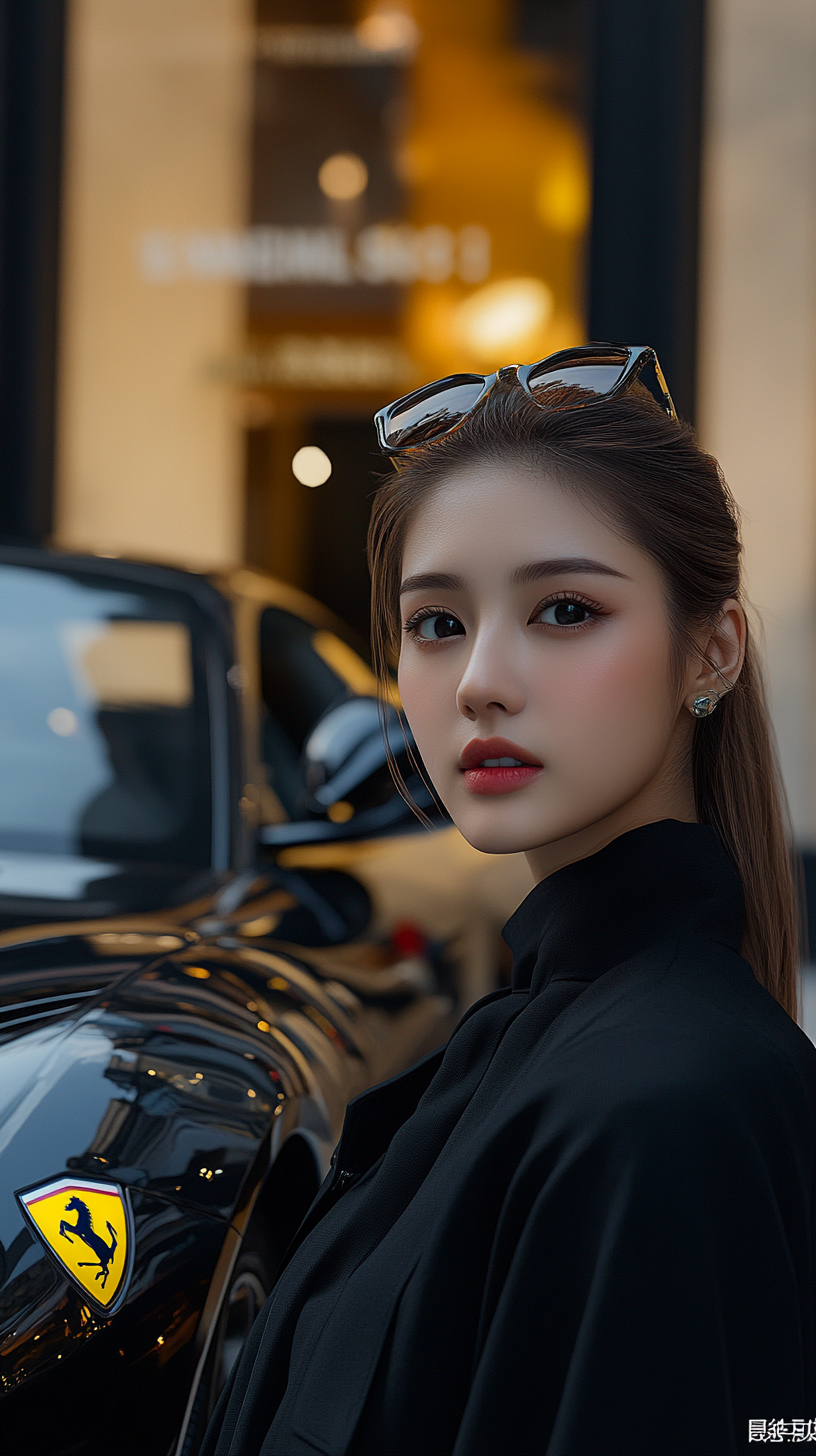 Stylish Japanese Woman and Ferrari at Luxury Boutique