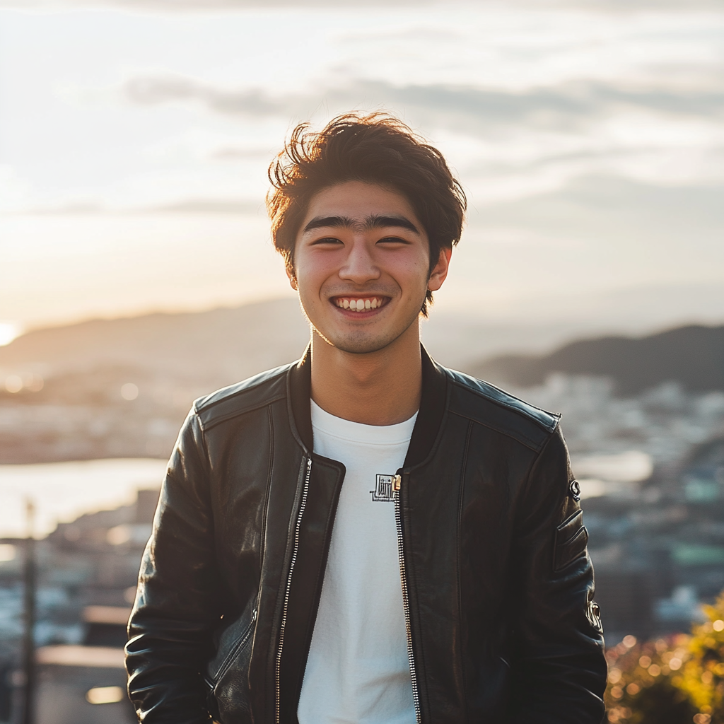 Stylish Japanese student in Nagasaki with city backdrop.