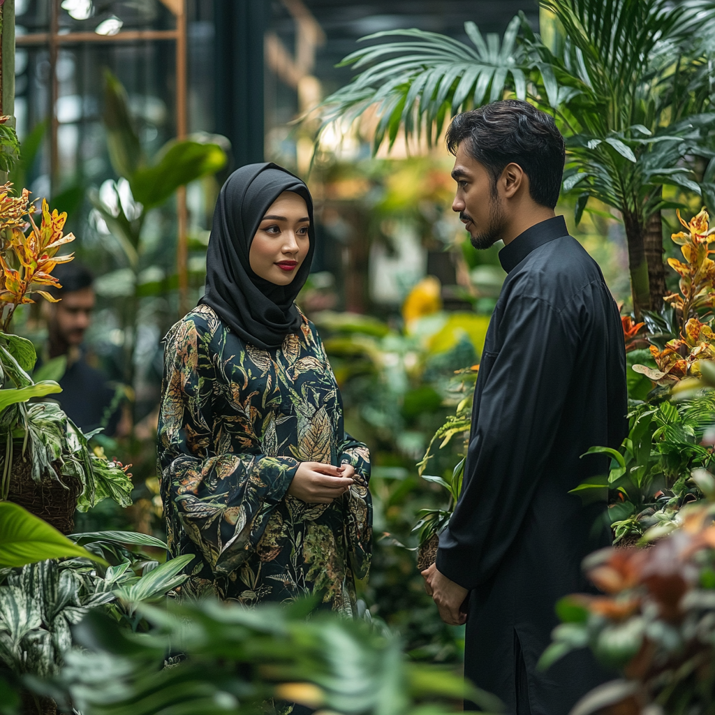 Stylish Malay couple in elegant, modern nursery with plants.