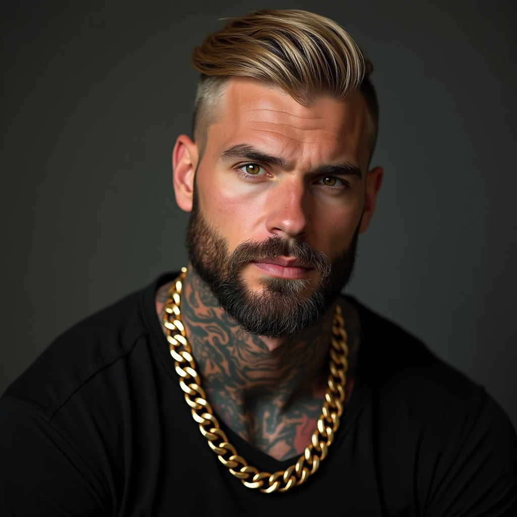 Stylish Muscular American Man with Neck Tattoos