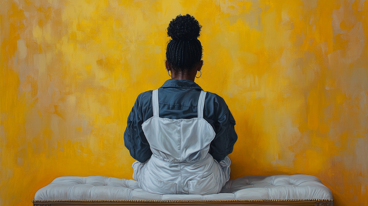 Stylish Nia Long sitting on elegant bench, yellow wall.