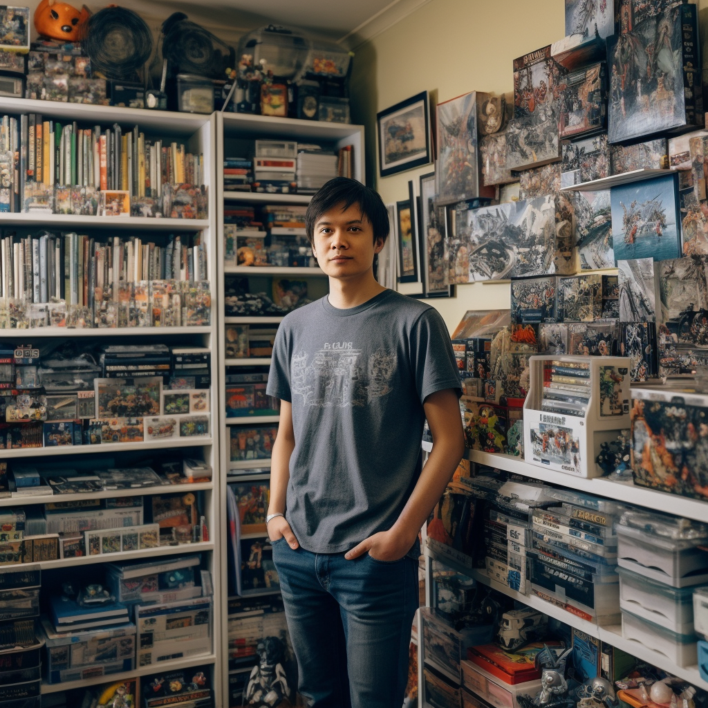 Stylish Software Engineer Surrounded by Collectibles and Comics