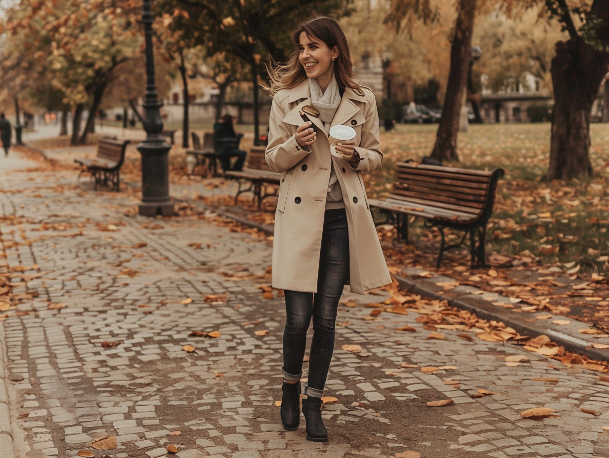 Stylish Woman in Beige Trench Coat Autumn Park