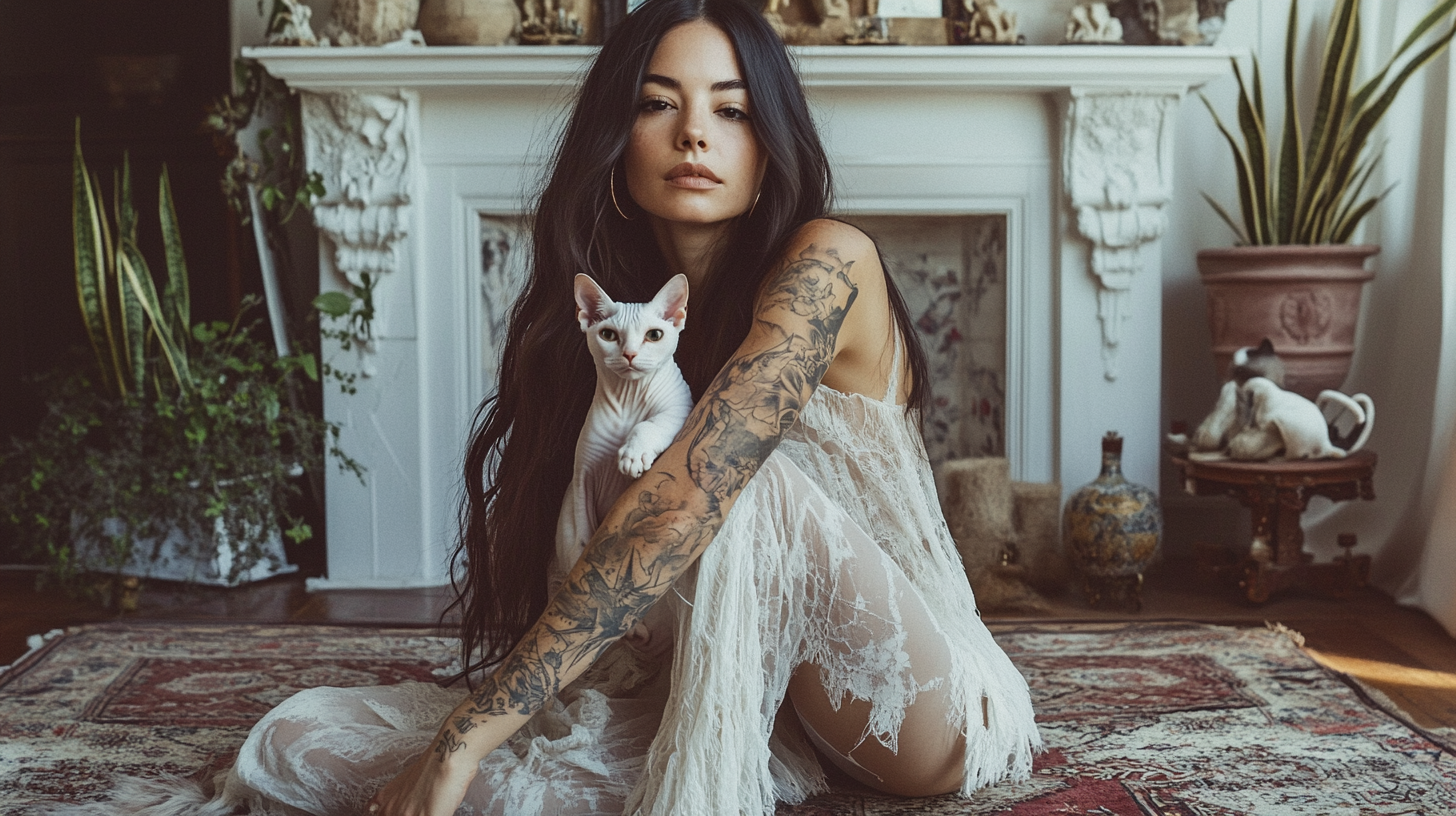 Stylish Woman with Sphinx Cat in Eclectic Room