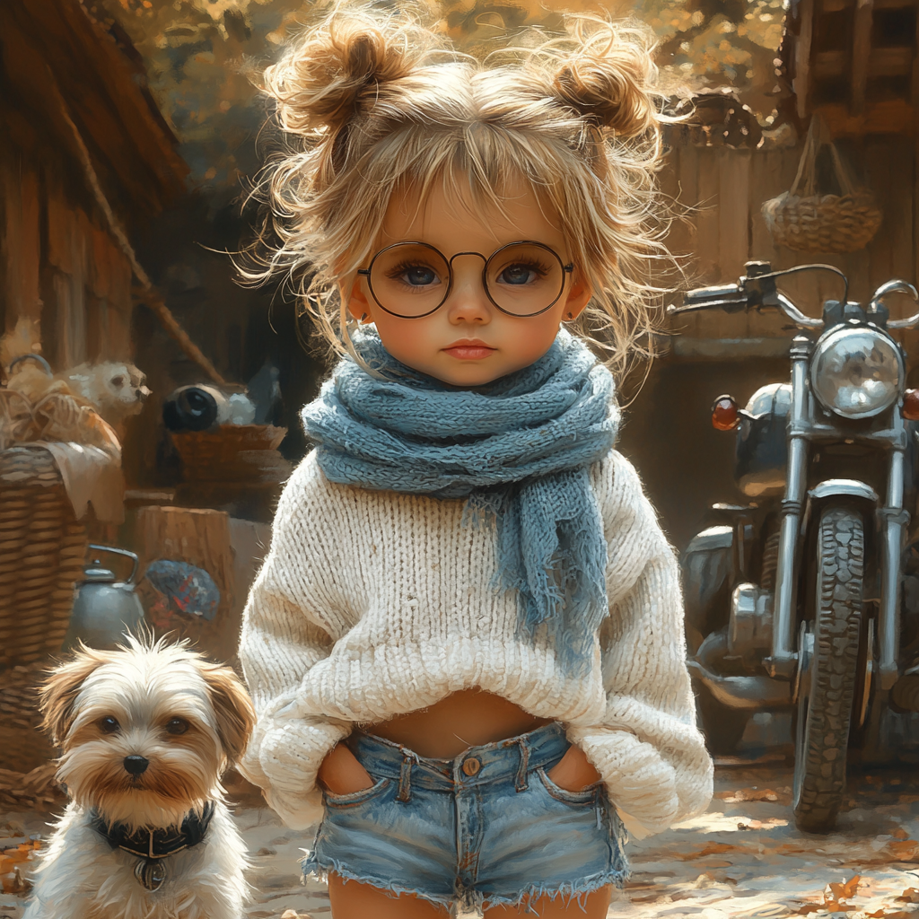 Stylish baby girl with curly hair, sunglasses and trendy outfit.