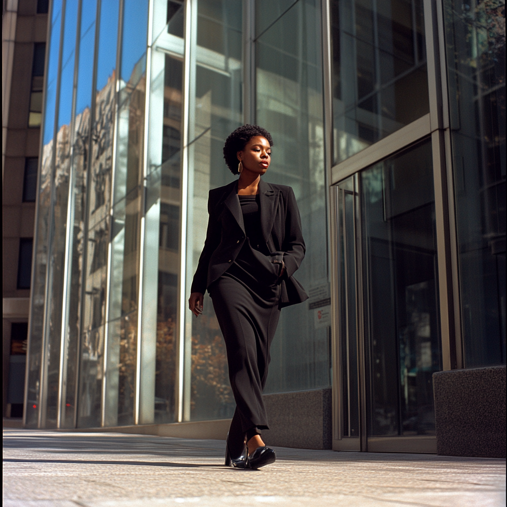 Stylish black woman in 80s business attire walking to work