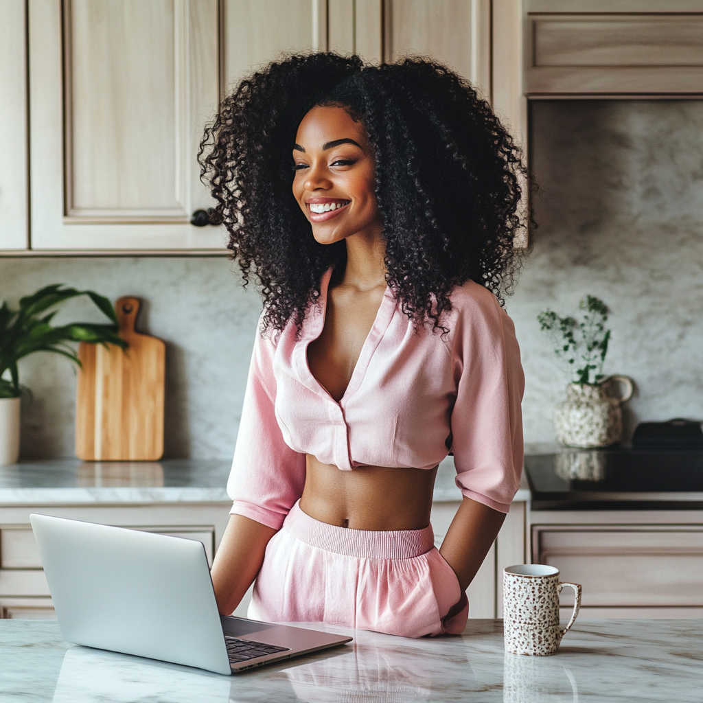 Stylish black woman with laptop in cozy kitchen.