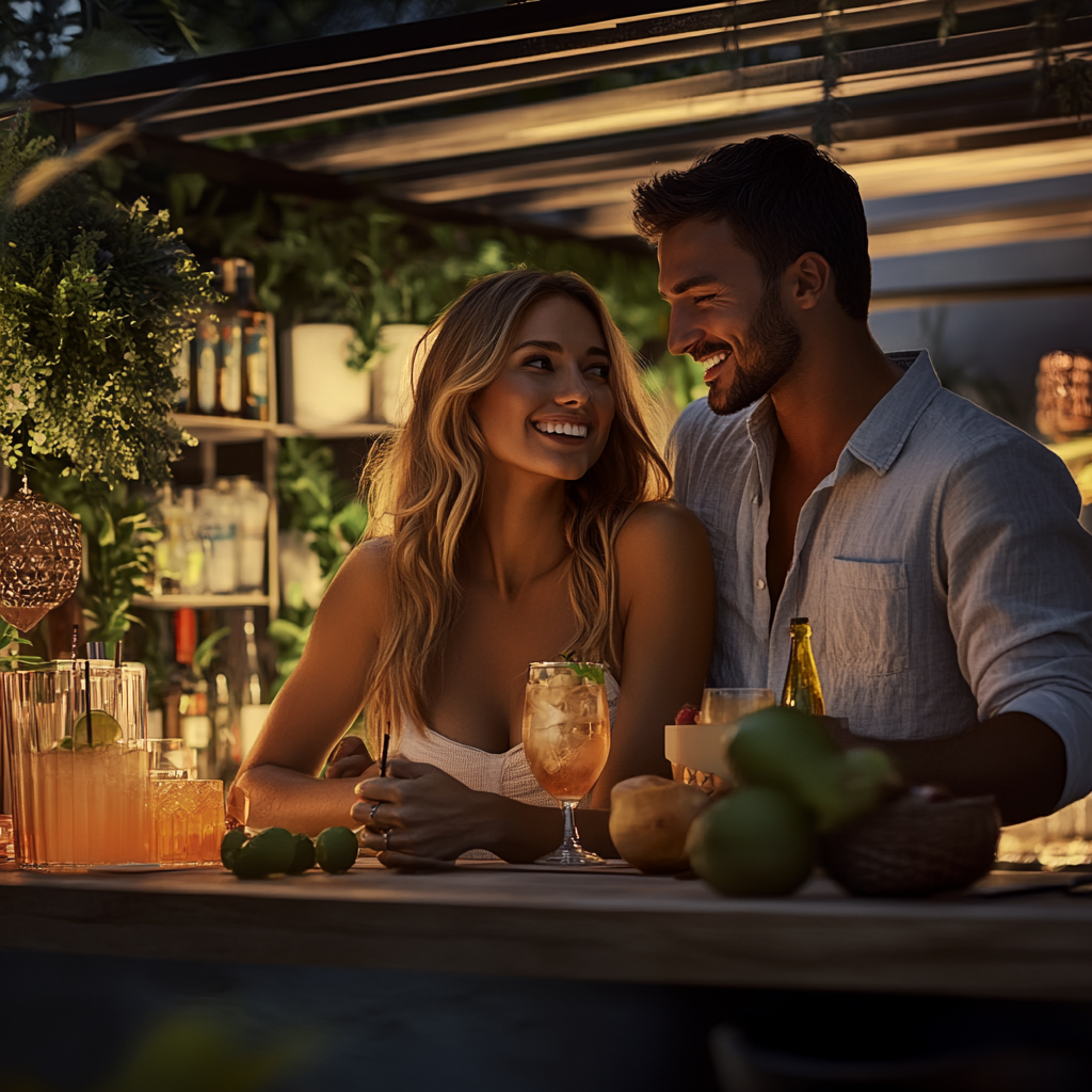 Stylish blonde woman designs backyard cocktail bar, man watches 