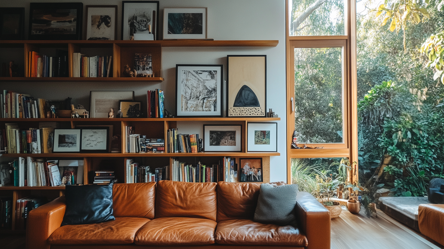 Stylish bookshelves, leather sofas, warm tones in modern home.