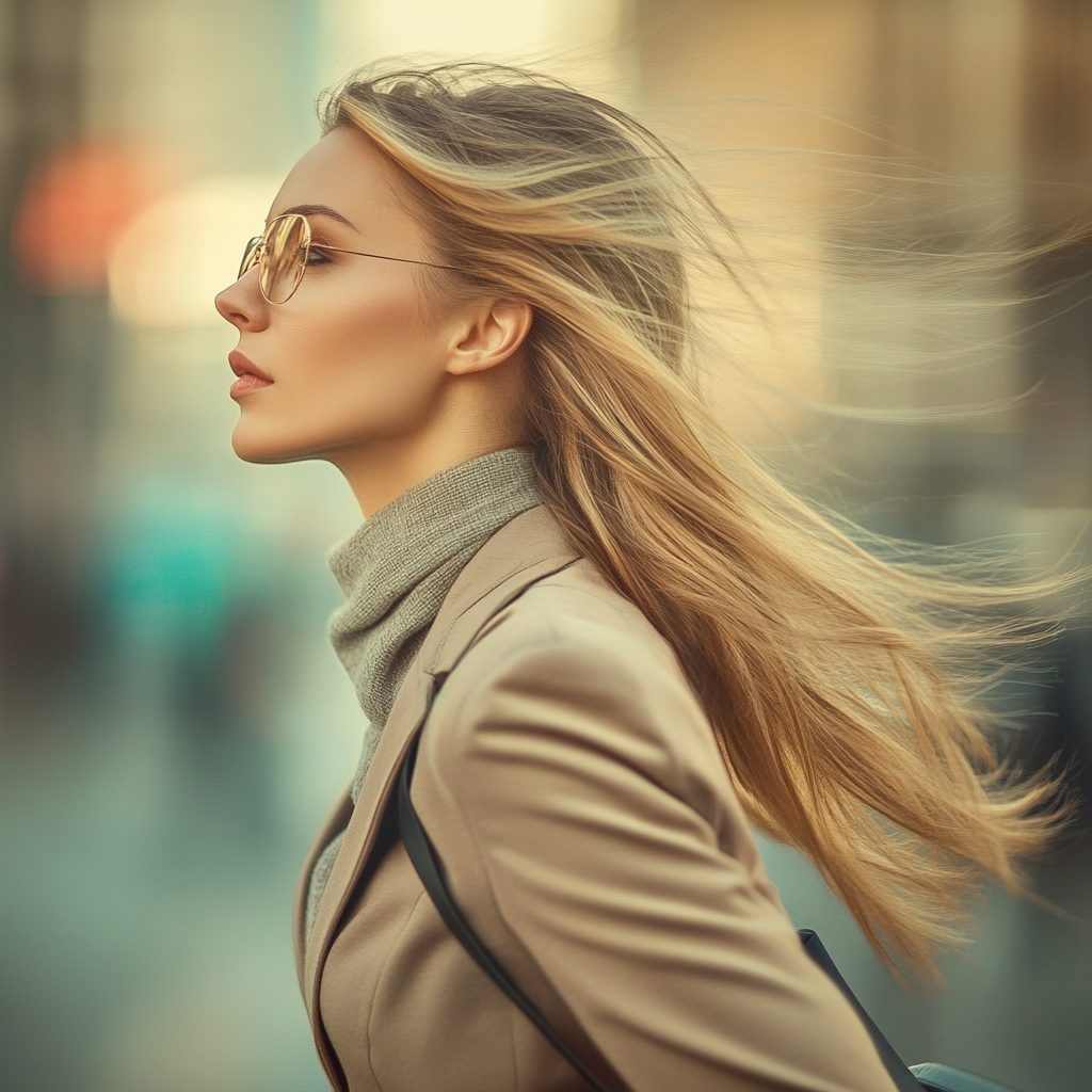 Stylish business woman rushing to work, causing health issues.