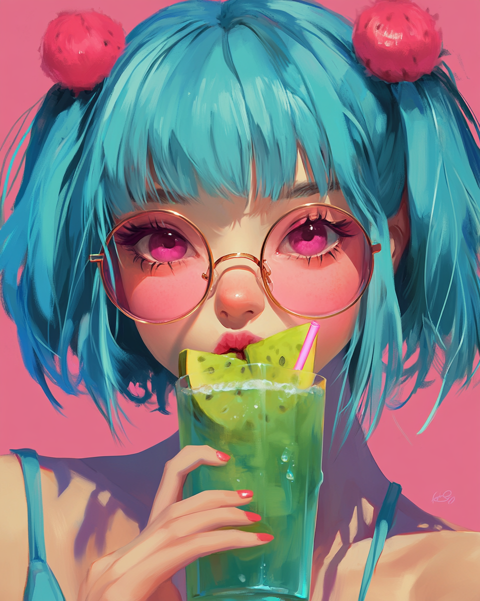 Stylish girl in round glasses sipping melon soda.