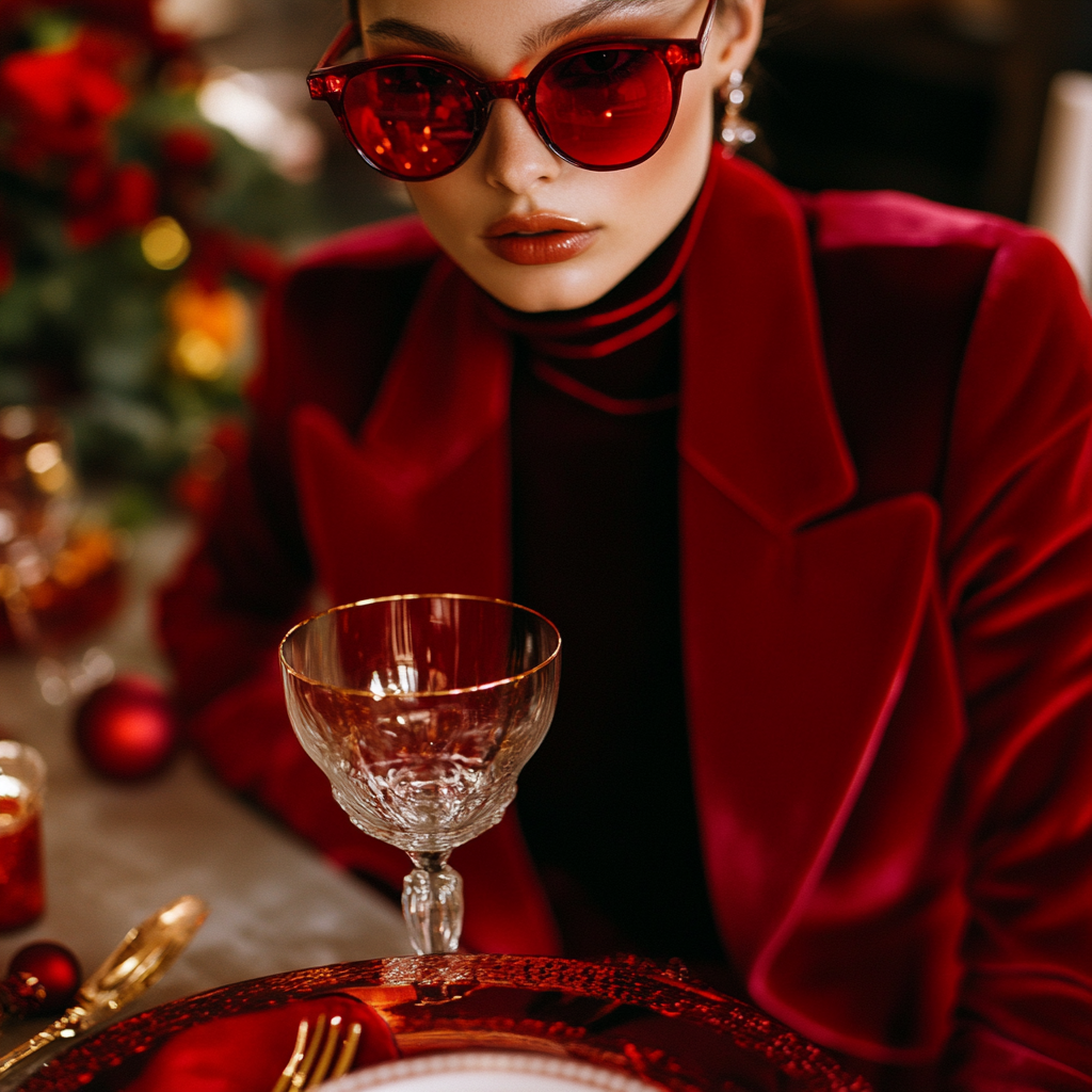 Stylish holiday table setting with velvet red attire.