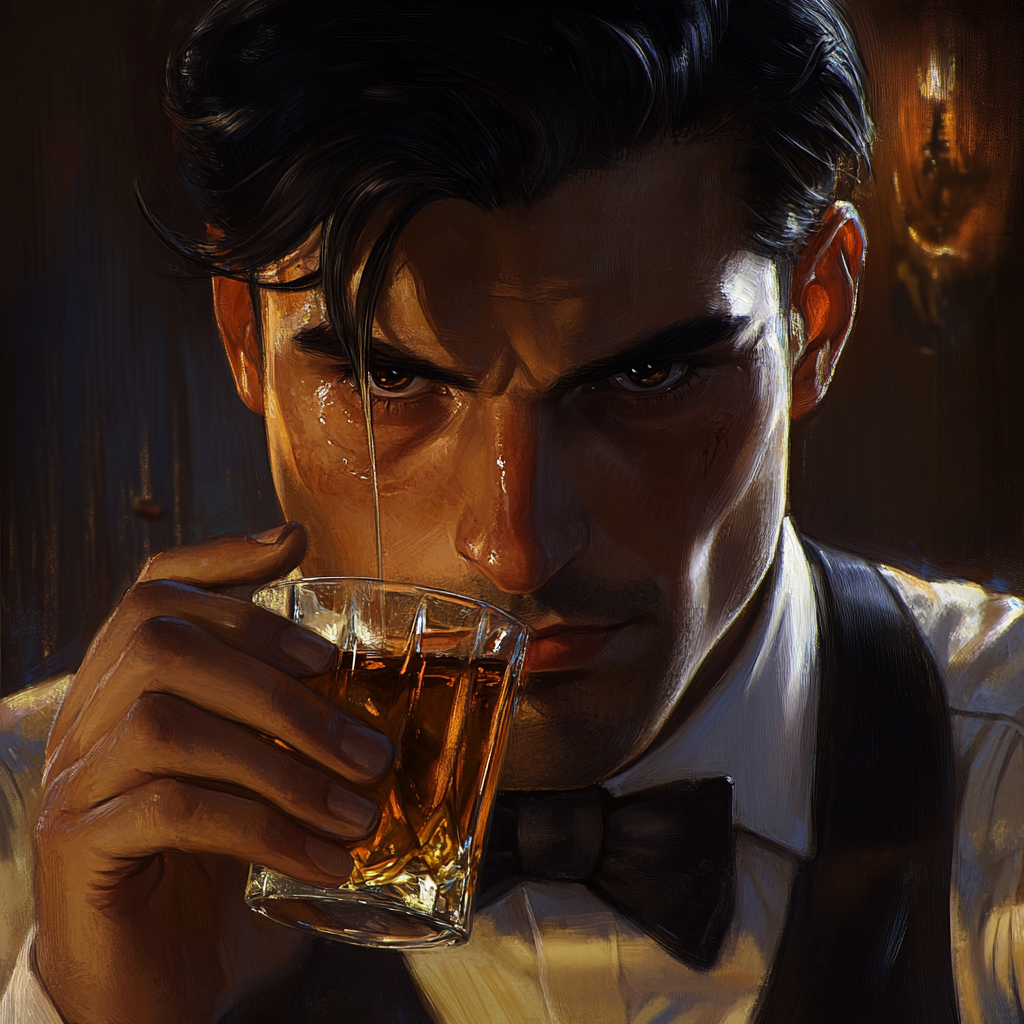 Stylish man in bow tie sipping whiskey close-up