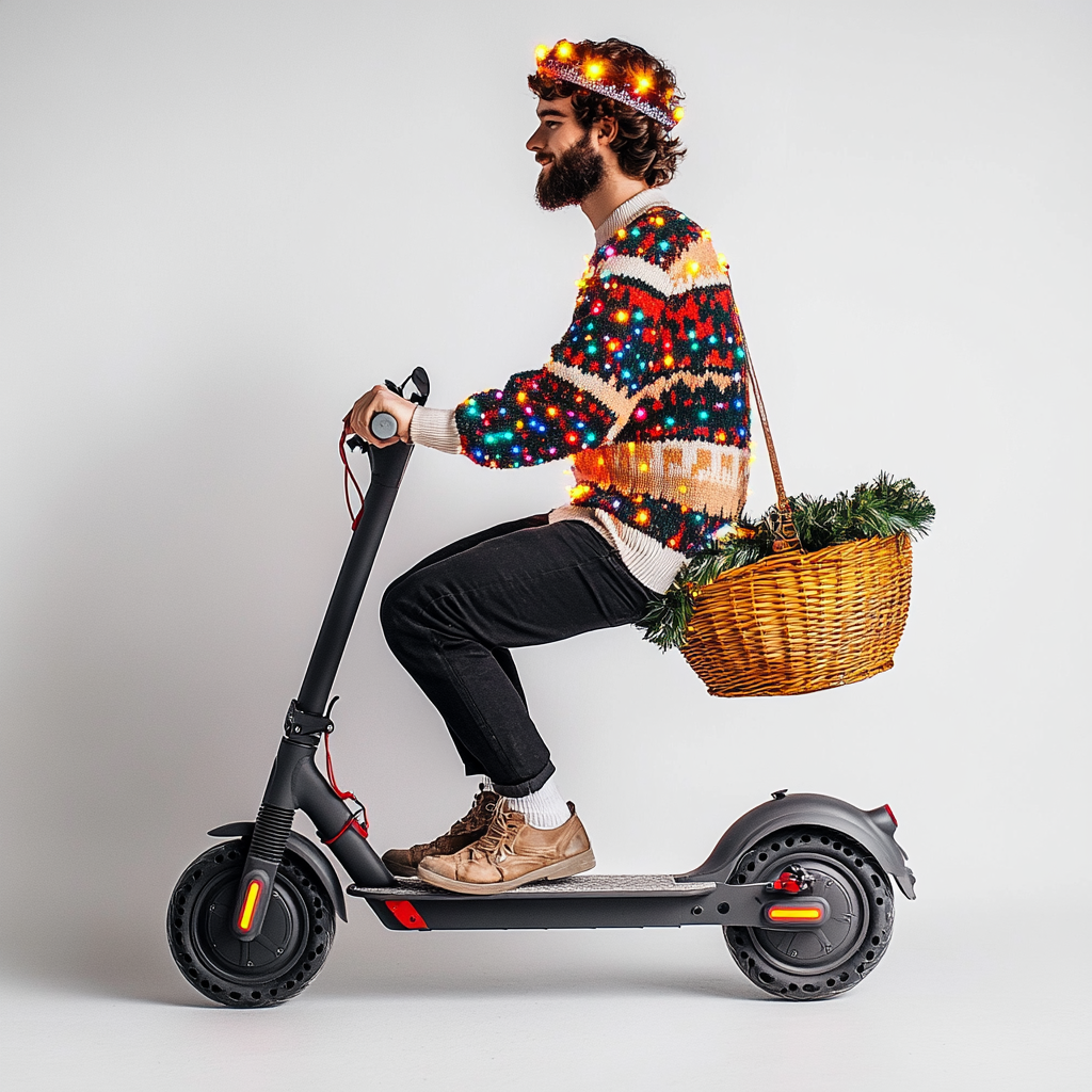 Stylish man rides trendy scooter in festive sweater