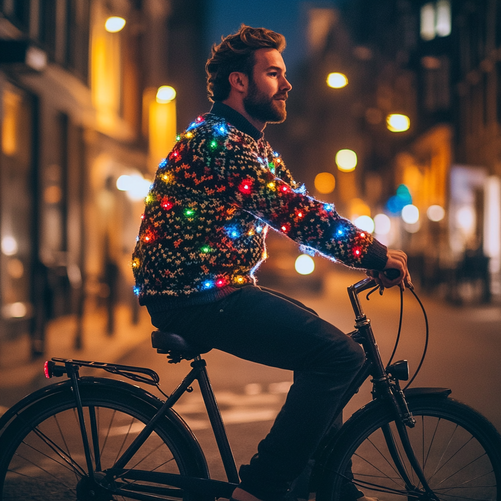 Stylish man riding Christmas bicycle in city