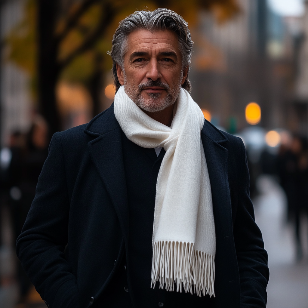 Stylish man with Al Pacino look downtown walk