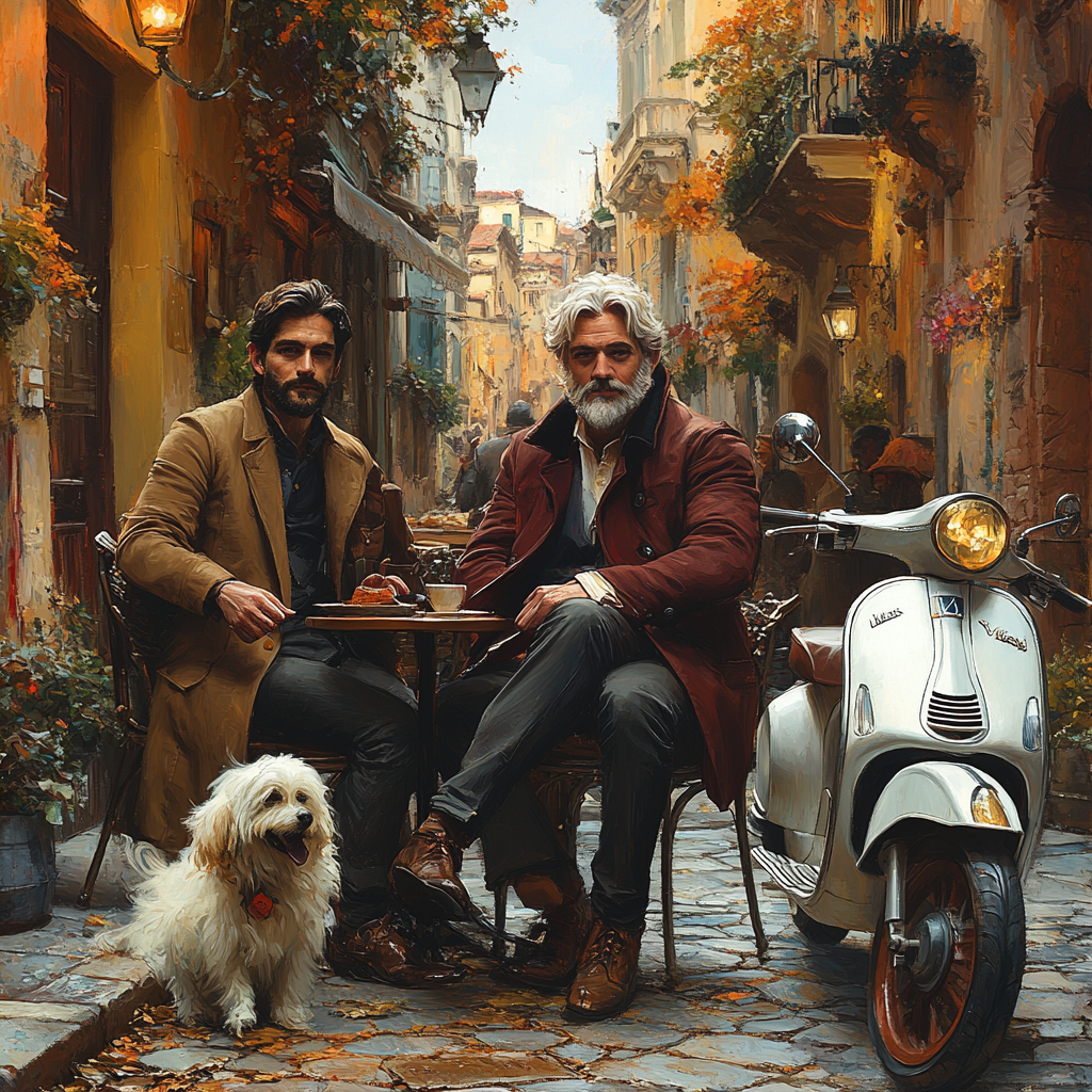 Stylish men in elegant fashion in charming European street.