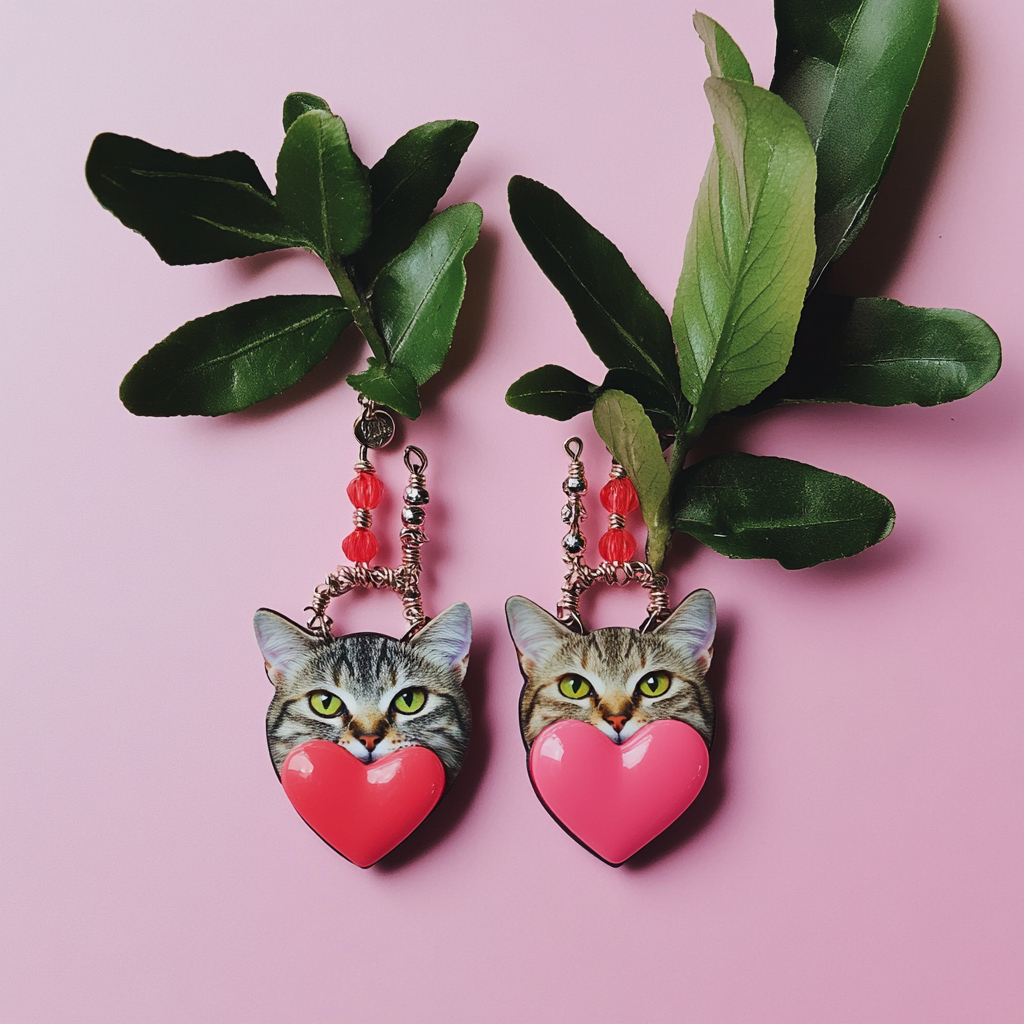 Stylish modern earrings with heart and cat image.