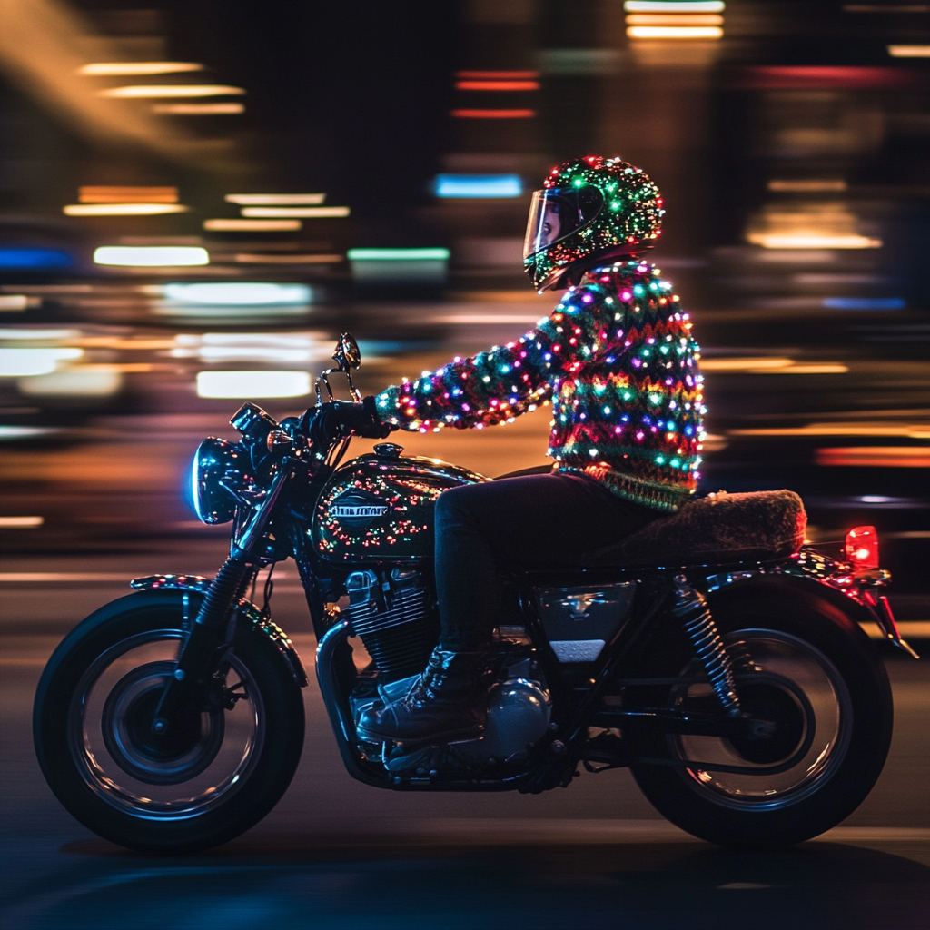 Stylish person rides motorcycle in Christmas light sweater