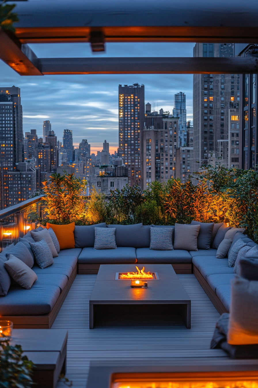 Stylish rooftop retreat with contemporary furniture, urban view.