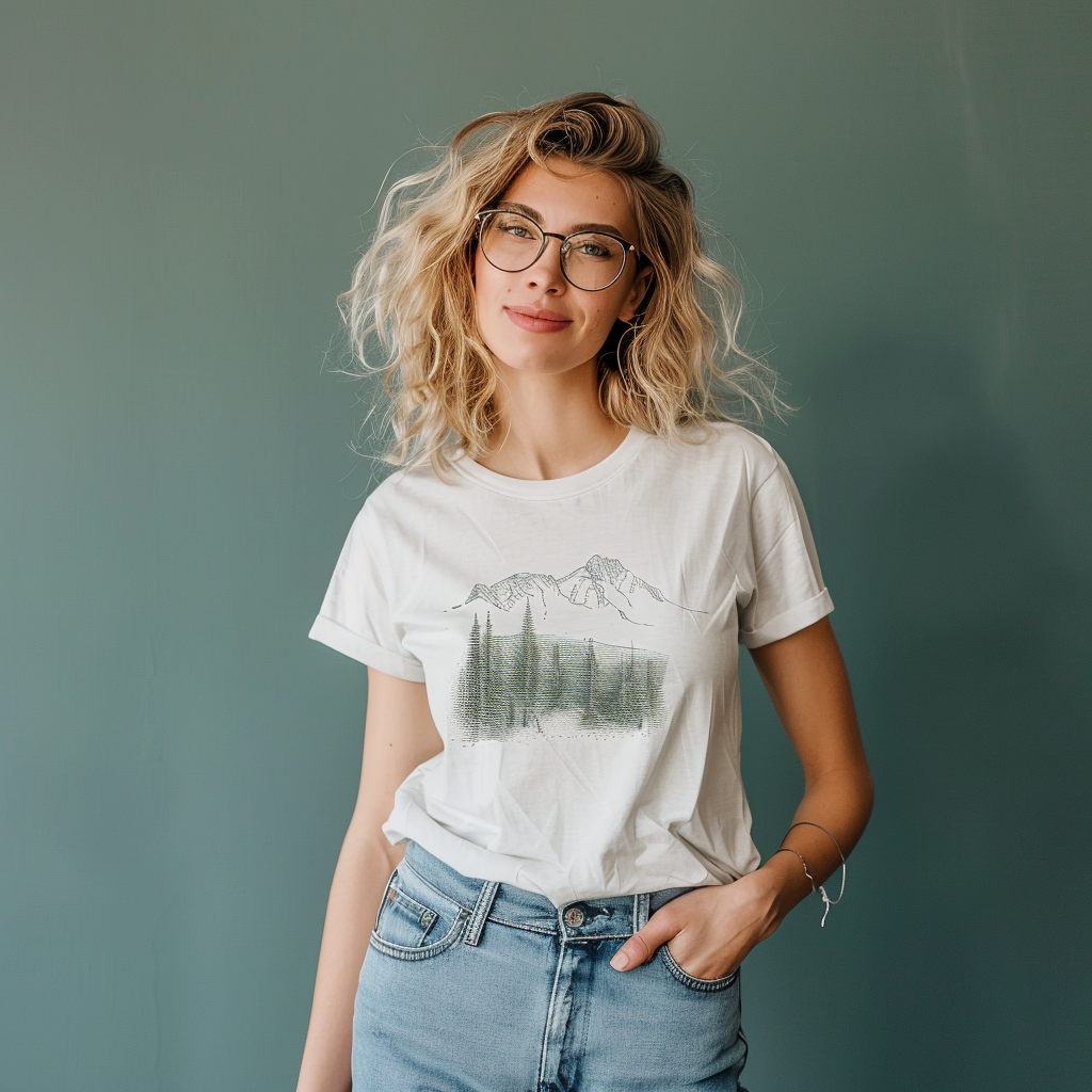 Stylish woman in grey mockup tshirt, glasses - wilderness background