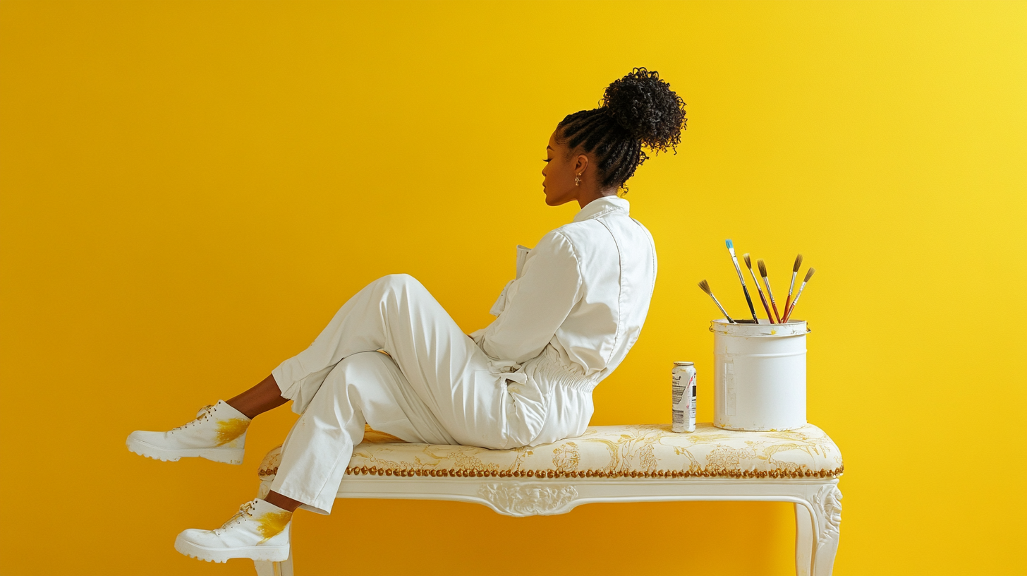 Stylish woman in painter coveralls on elegant bench.