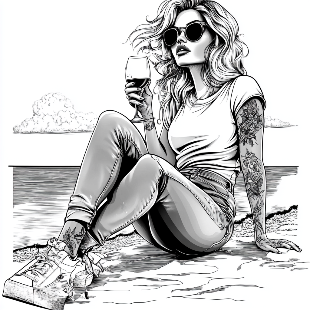 Stylish woman with wine looking at sea sunset