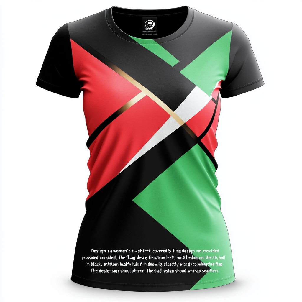 Stylish women's t-shirt with red, green, black flag design.