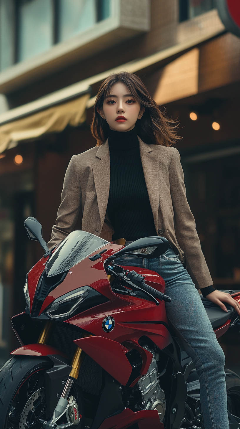 Stylish young woman poses on red BMW