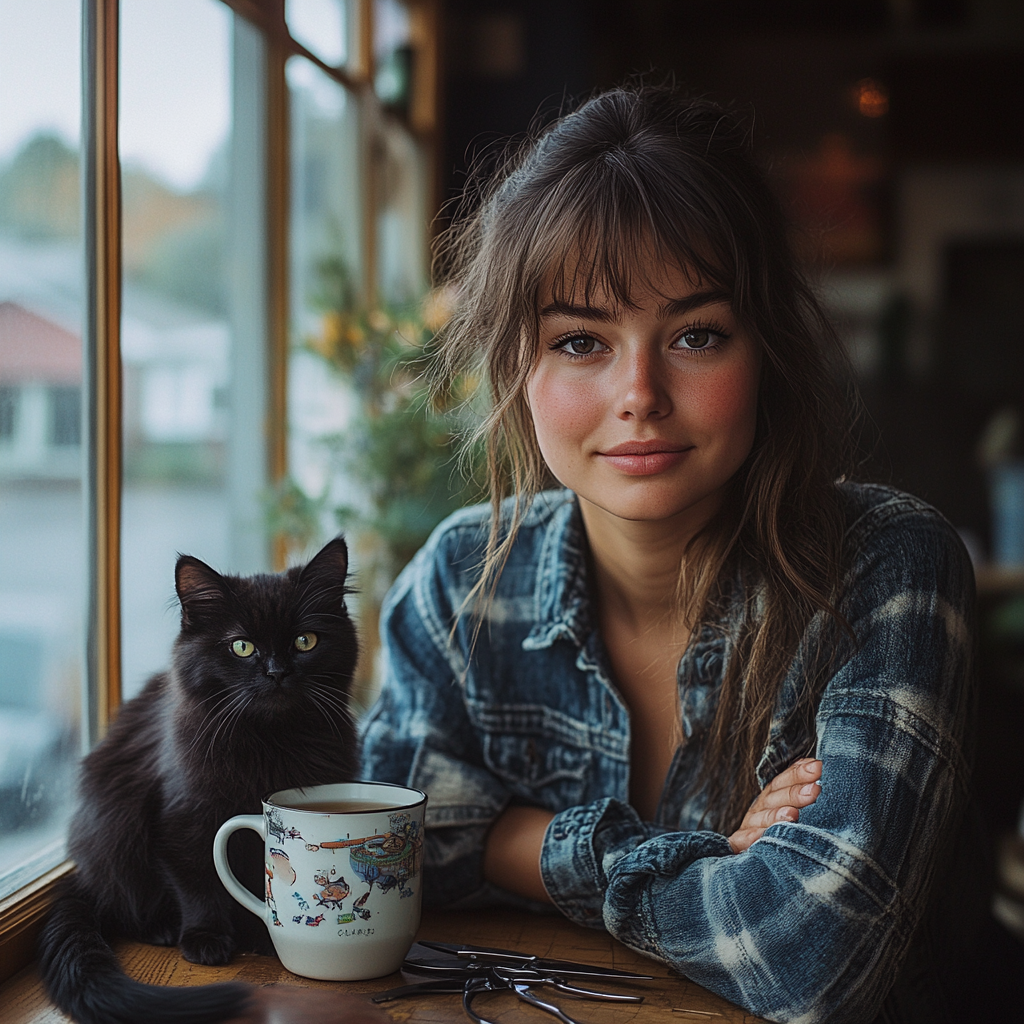 Stylish young woman with black kitten at salon window.