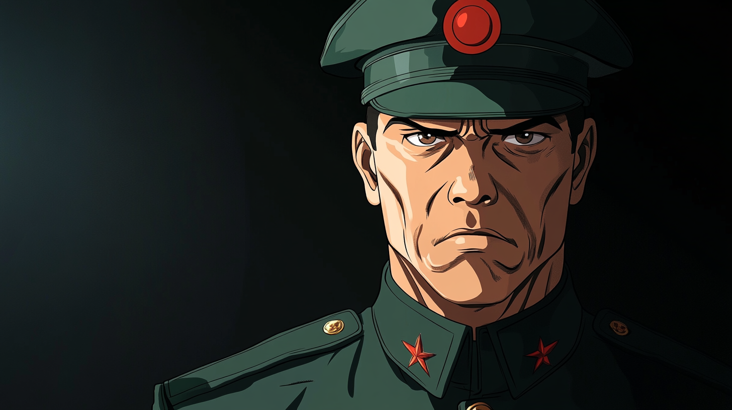 Stylized anime portrait of stern Asian man, military uniform.