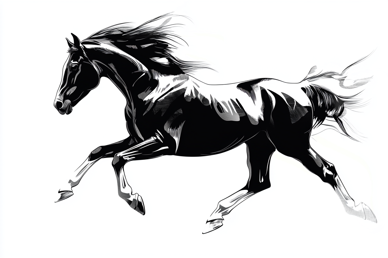 Stylized dark horse in galop, high contrast vector art