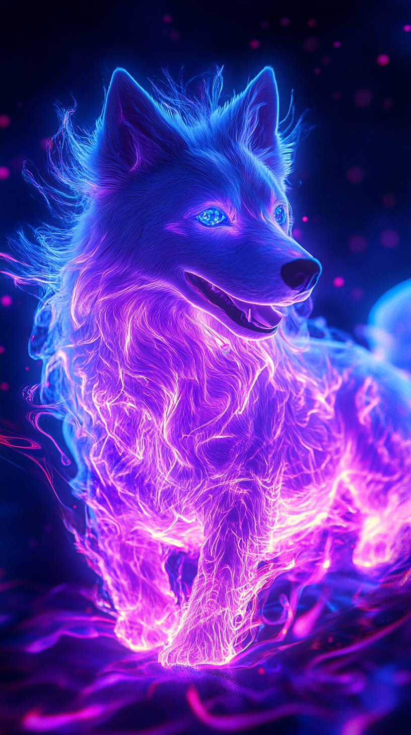 Stylized dog with lightning powers, colorful fur, neon patterns.