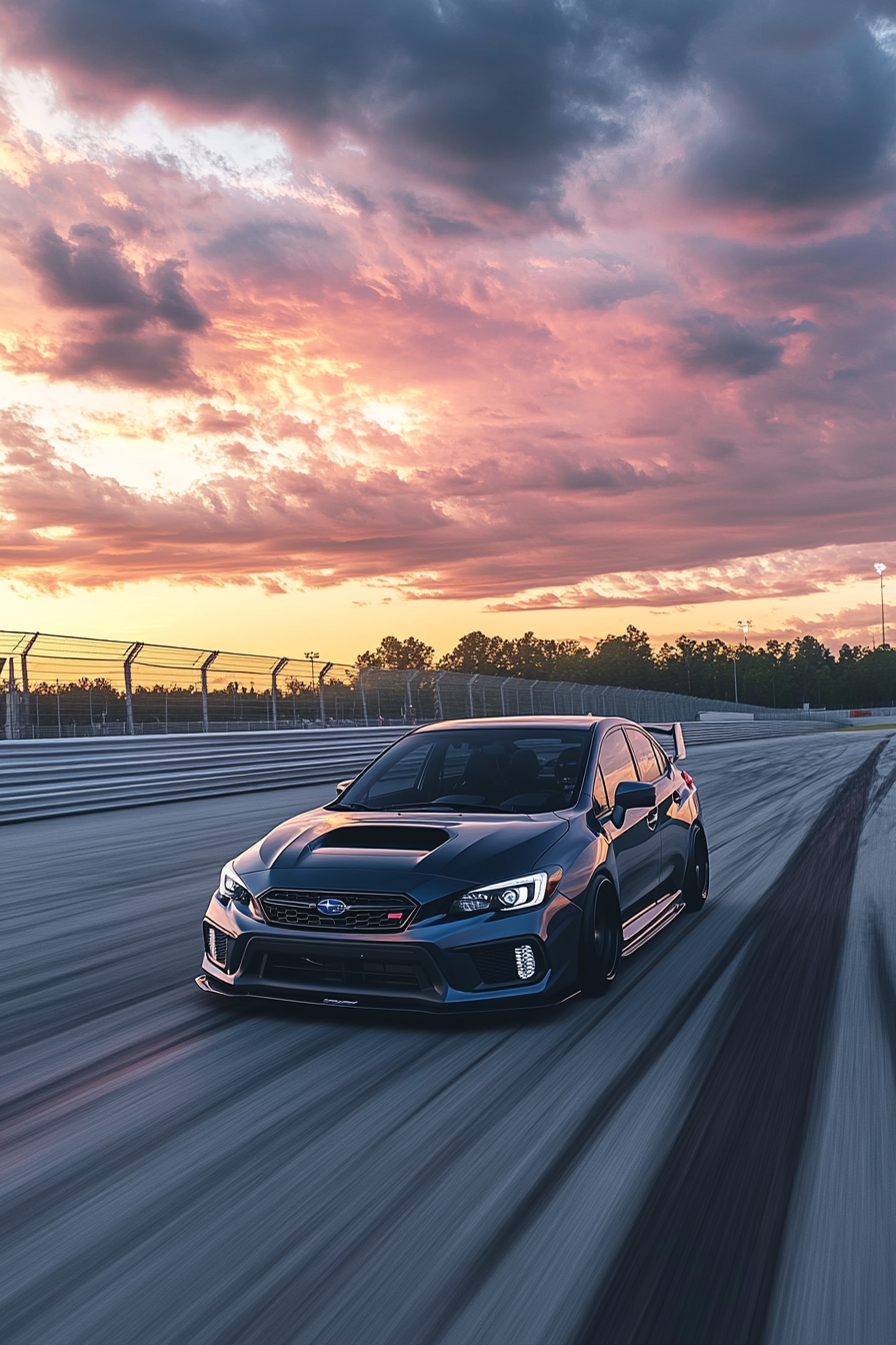 Subaru Impreza Hatchback speeding on racetrack at sunset.