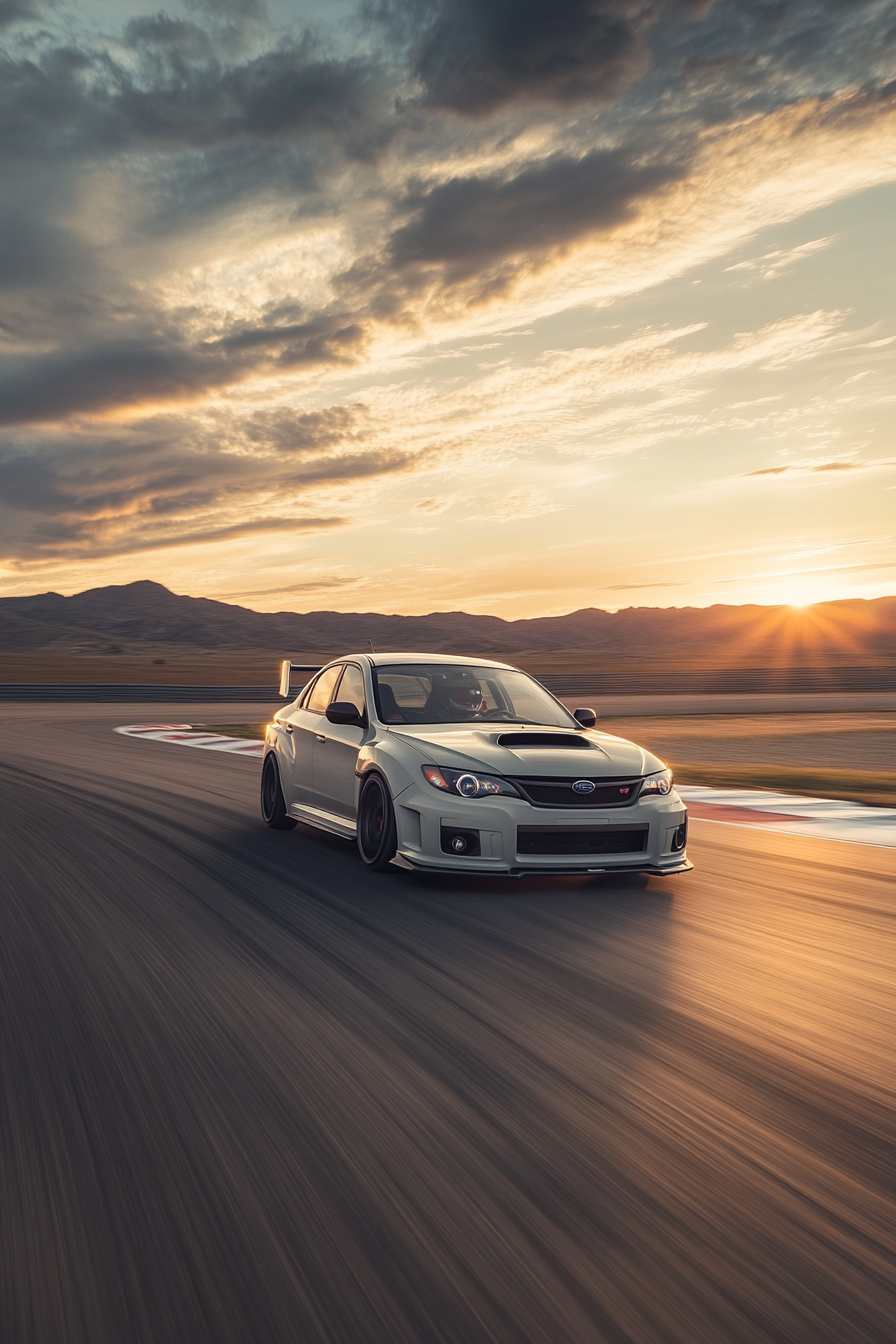 Subaru Impreza WRX STi racing at sunset on track.